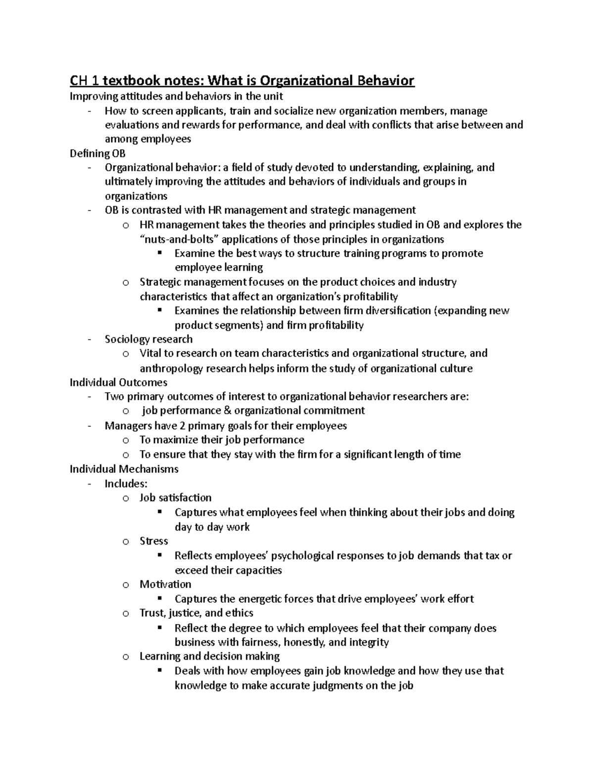 Chapter 1 Textbook Notes - CH 1 Textbook Notes: What Is Organizational ...