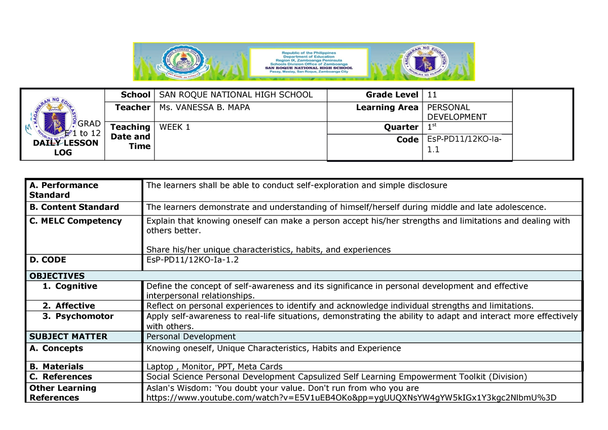 DLP-Per Dev-Q1 W1 - Personal Development Week 1 DLP - GRAD E 1 To 12 ...