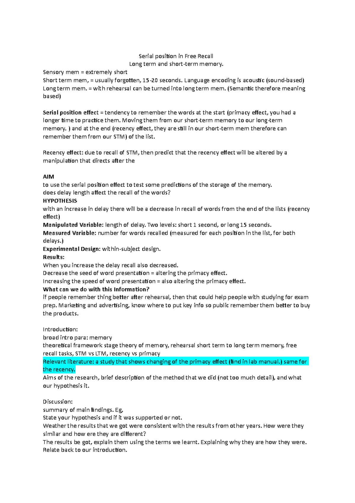 Psychology Mini Lab Report Notes - Serial position in Free Recall Long ...