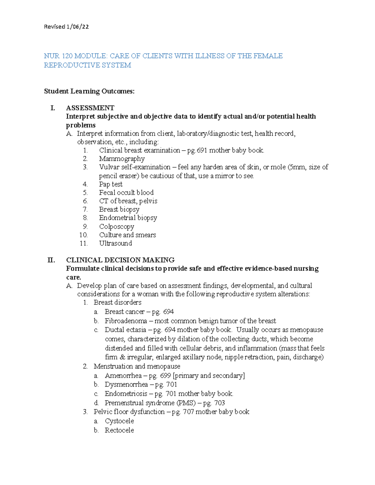 Women's Health Content Outline 3 NUR 120 MODULE CARE OF CLIENTS WITH