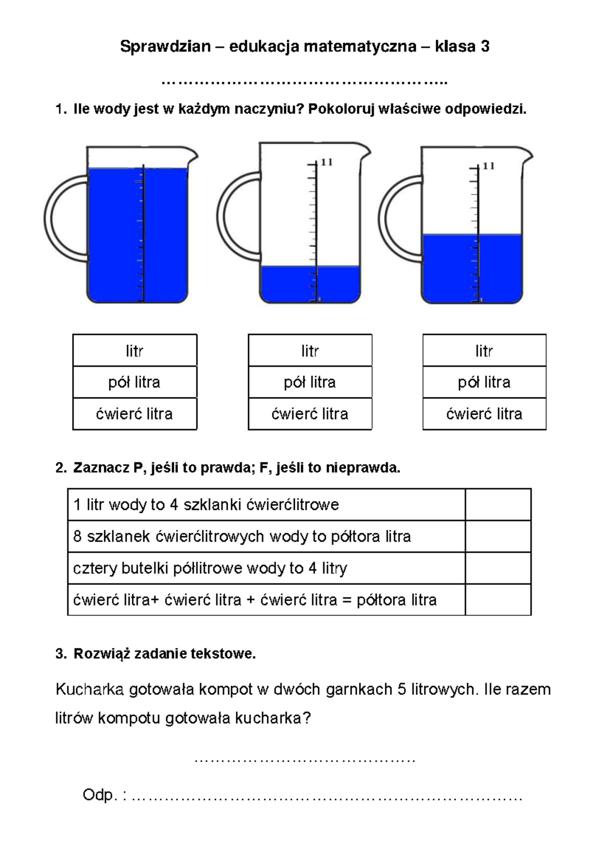 627541793-Litr-sprawdzian - Sprawdzian – edukacja matematyczna – klasa