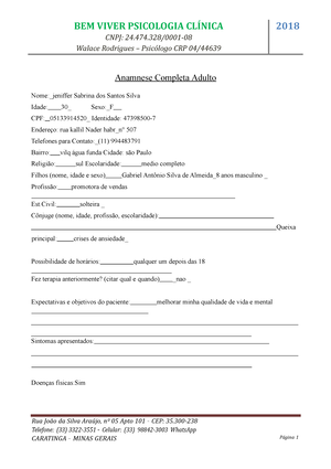 Anamnese Completa Adulto Paciente - CNPJ: 24.474/0001- Walace
