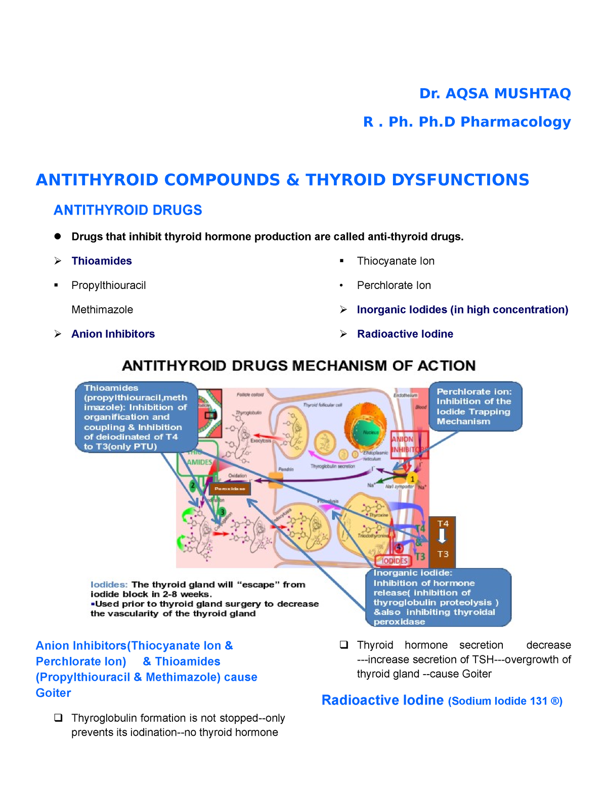 Antithyroid Drugs - Dr. AQSA MUSHTAQ R. Ph. Ph Pharmacology ANTITHYROID ...