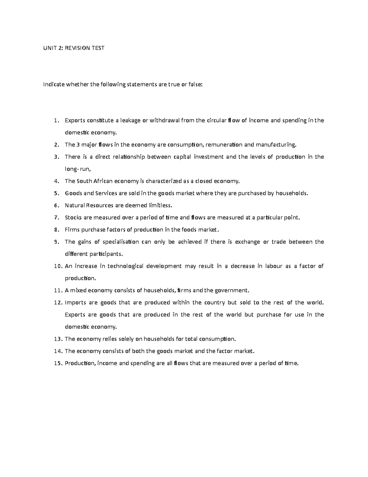 Week 2 eco1 Revision Test word cn - UNIT 2: REVISION TEST Indicate ...