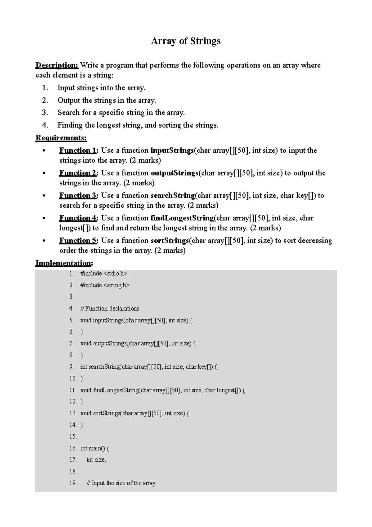 PRF192 SU24 ASM - ...... - Array of Strings Description: Write a ...