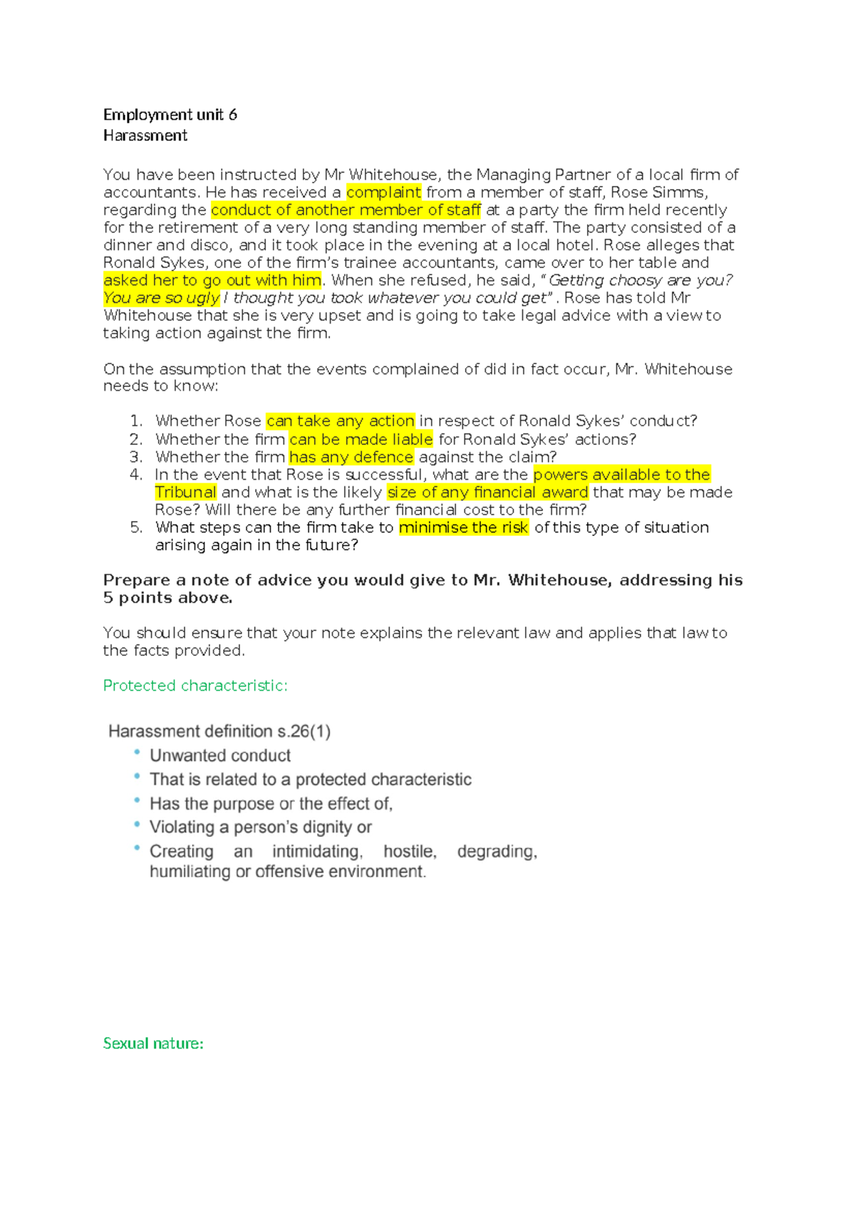 Employment unit 6 Notes - Employment unit 6 Harassment You have been ...