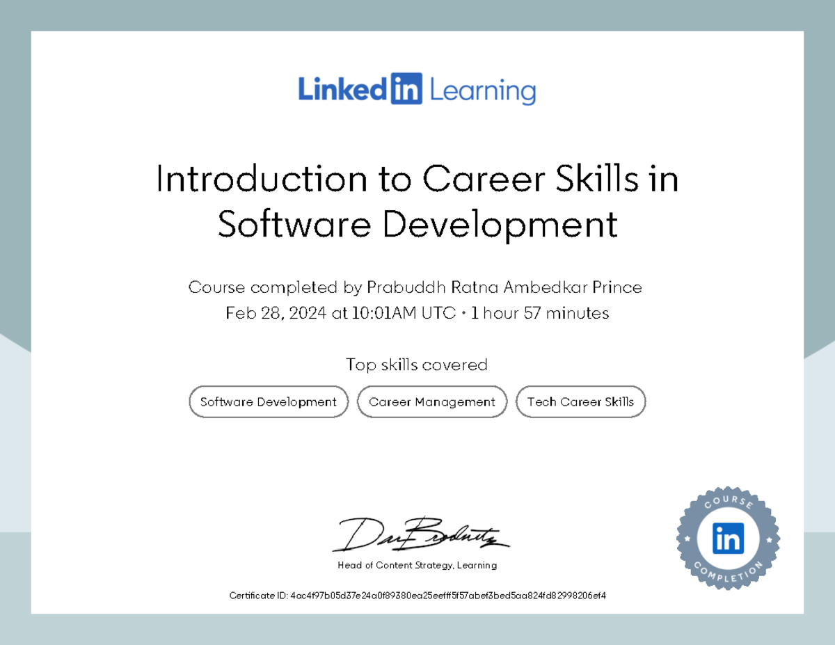 Certificate Of Completion Introduction to Career Skills in Software ...