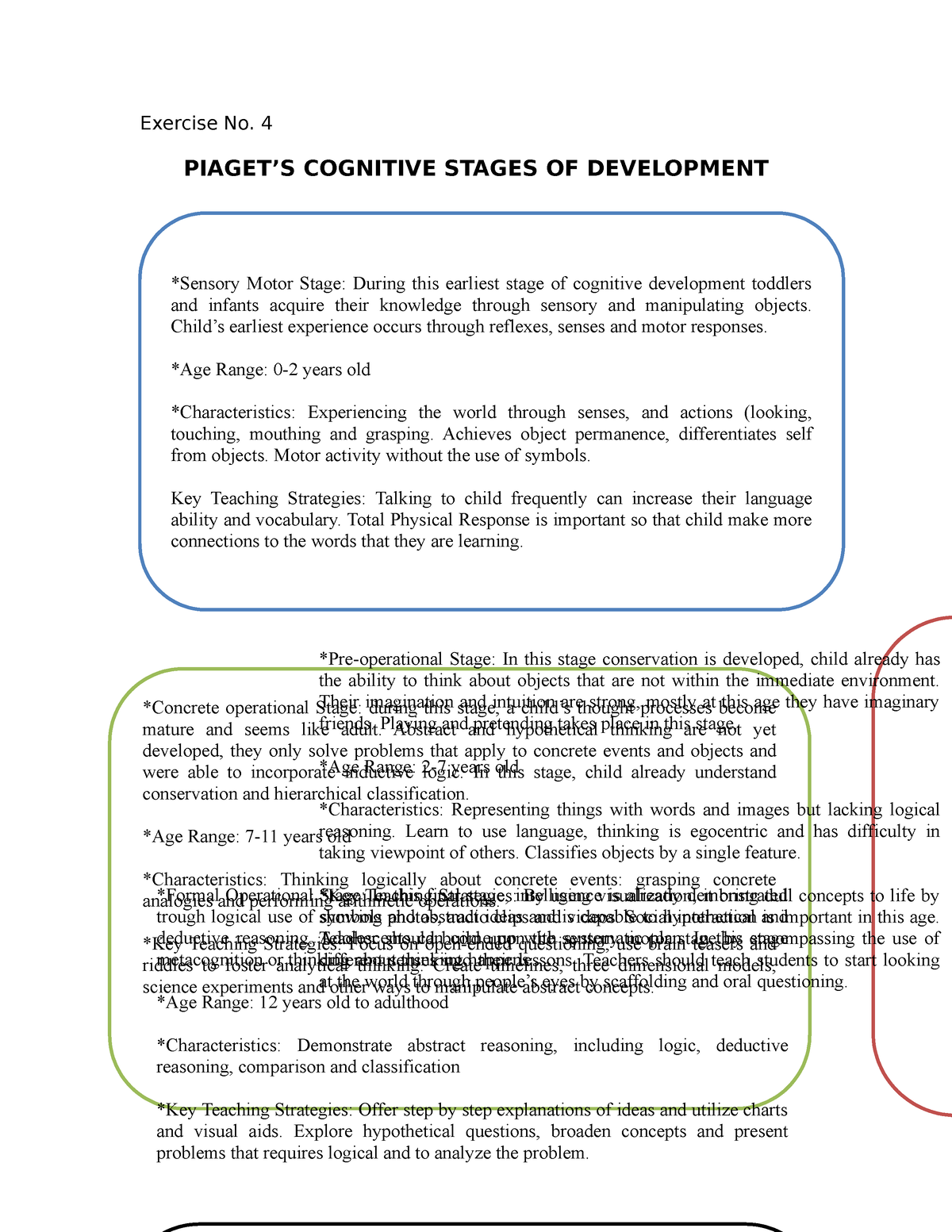 Piaget S Cognitive Stages OF Development Exercise No. 4 PIAGET S COGNITIVE STAGES OF DEVELOPMENT Studocu