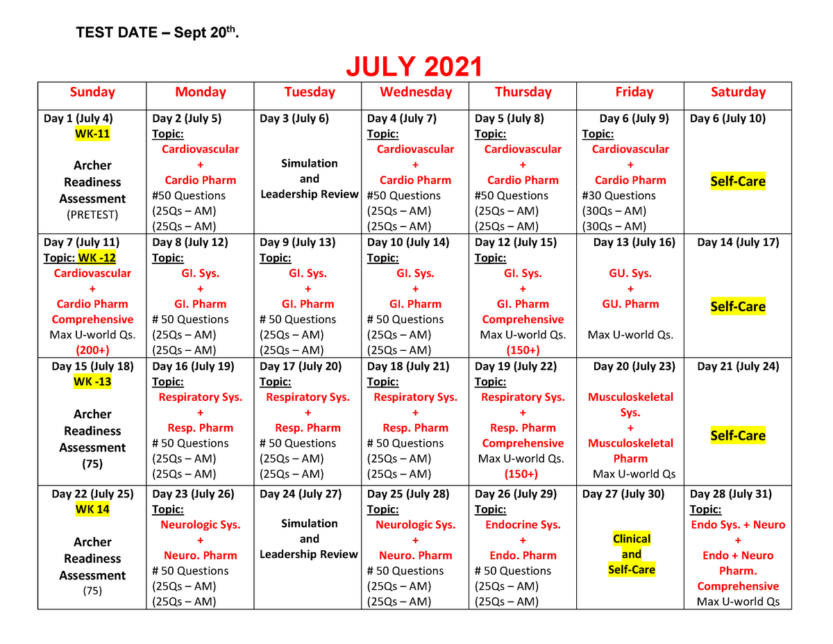 Nclex Study PLAN sample calendar for studying TEST DATE Sept 20th