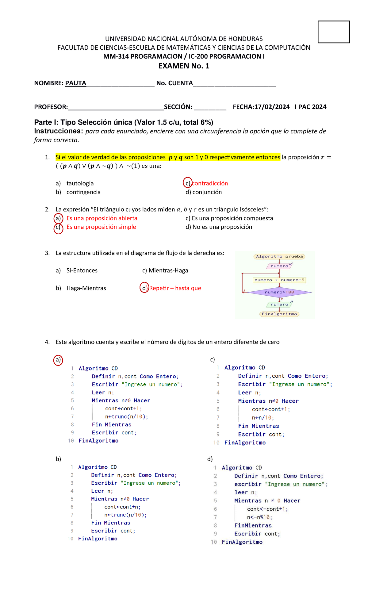 Examen 1 Pauta I Pac 2024 Universidad Nacional Aut”noma De Honduras Facultad De Ciencias 2415