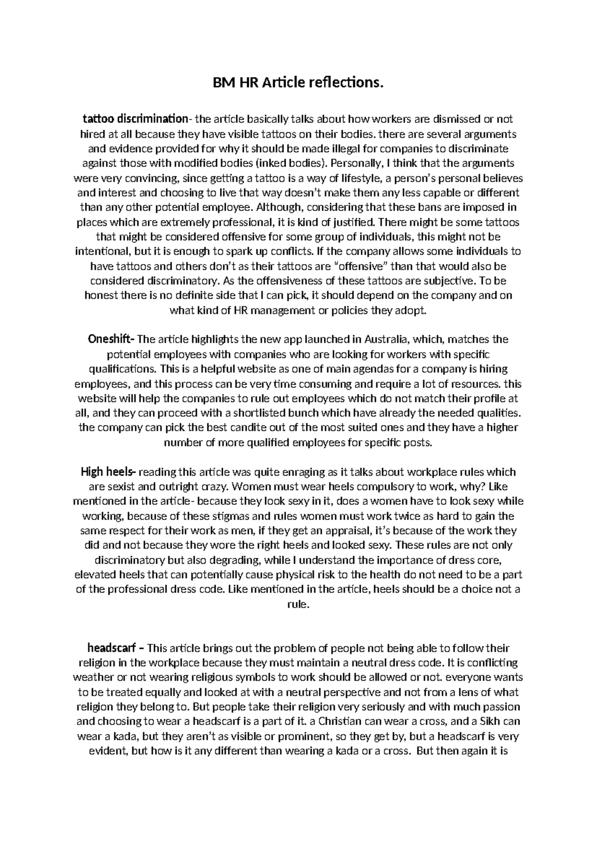 BM HR Article reflections - tattoo discrimination- the article ...
