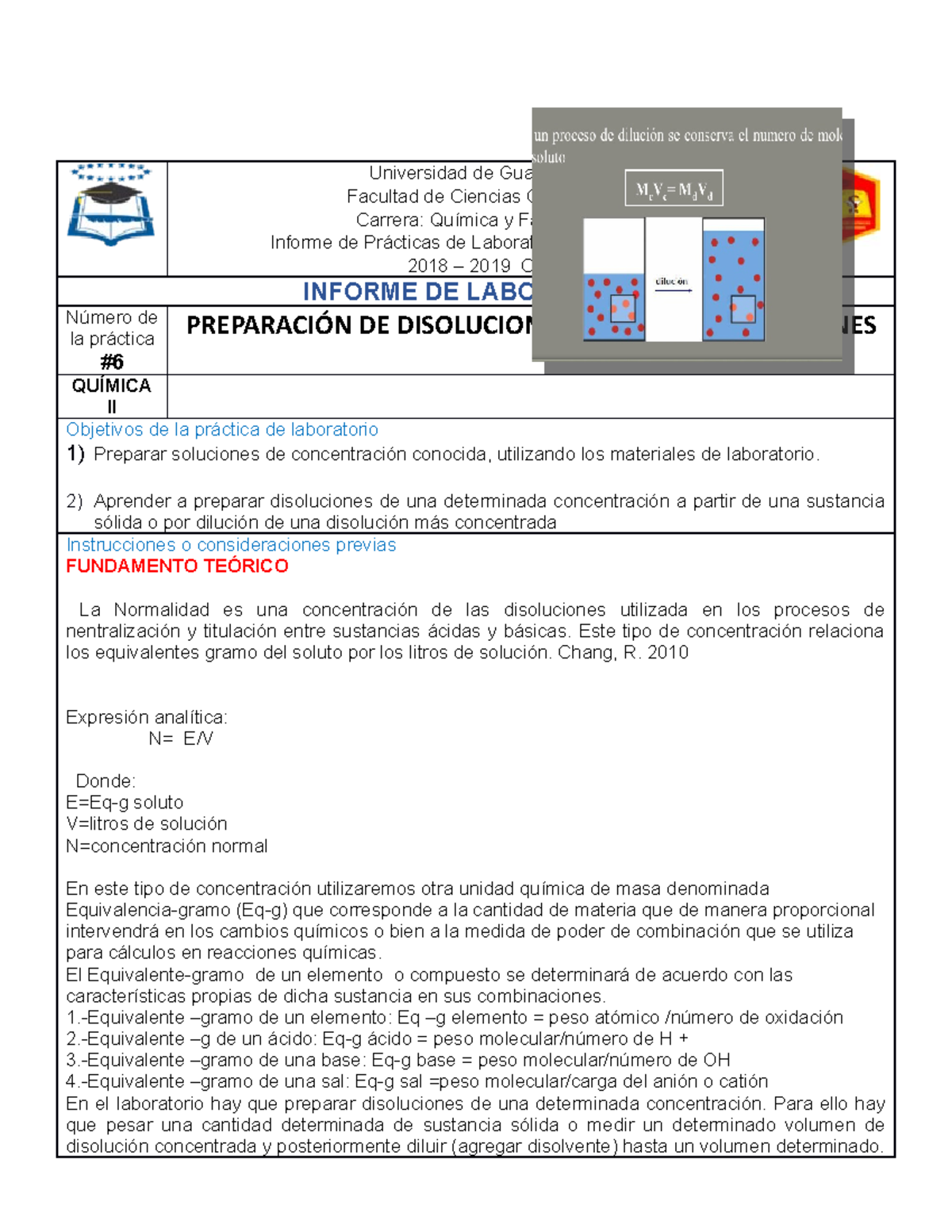 Informe 6 DE Quimica 2 PreparaciÓn DE Disoluciones Normales Y ...