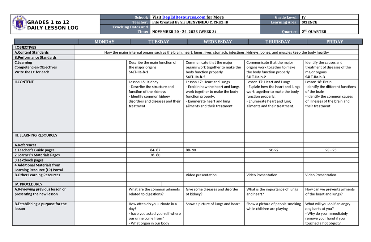 DLL Science 4 Q2 W3 - FOR TEACHING PURPOSES - GRADES 1 To 12 DAILY ...