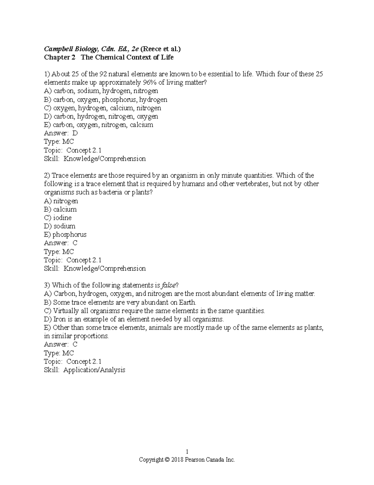 Chapter 2 Practise Questions For Bio - Campbell Biology, Cdn. Ed., 2e ...