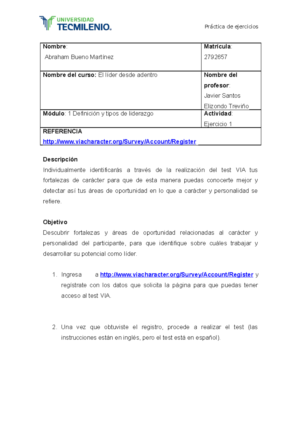 Ejercicio 1 EL Lider Desde Adentro - Nombre : Abraham Bueno Martínez ...