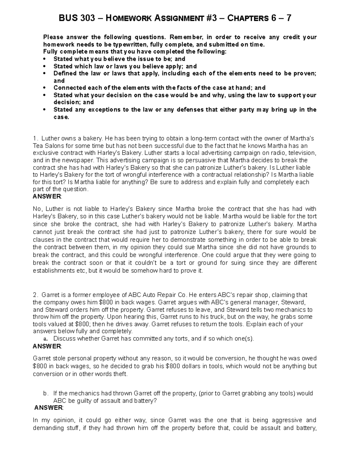 BUS 303 - HW Assignment #3 - Chapters 6 and 7 - Questions - BUS 303 ...