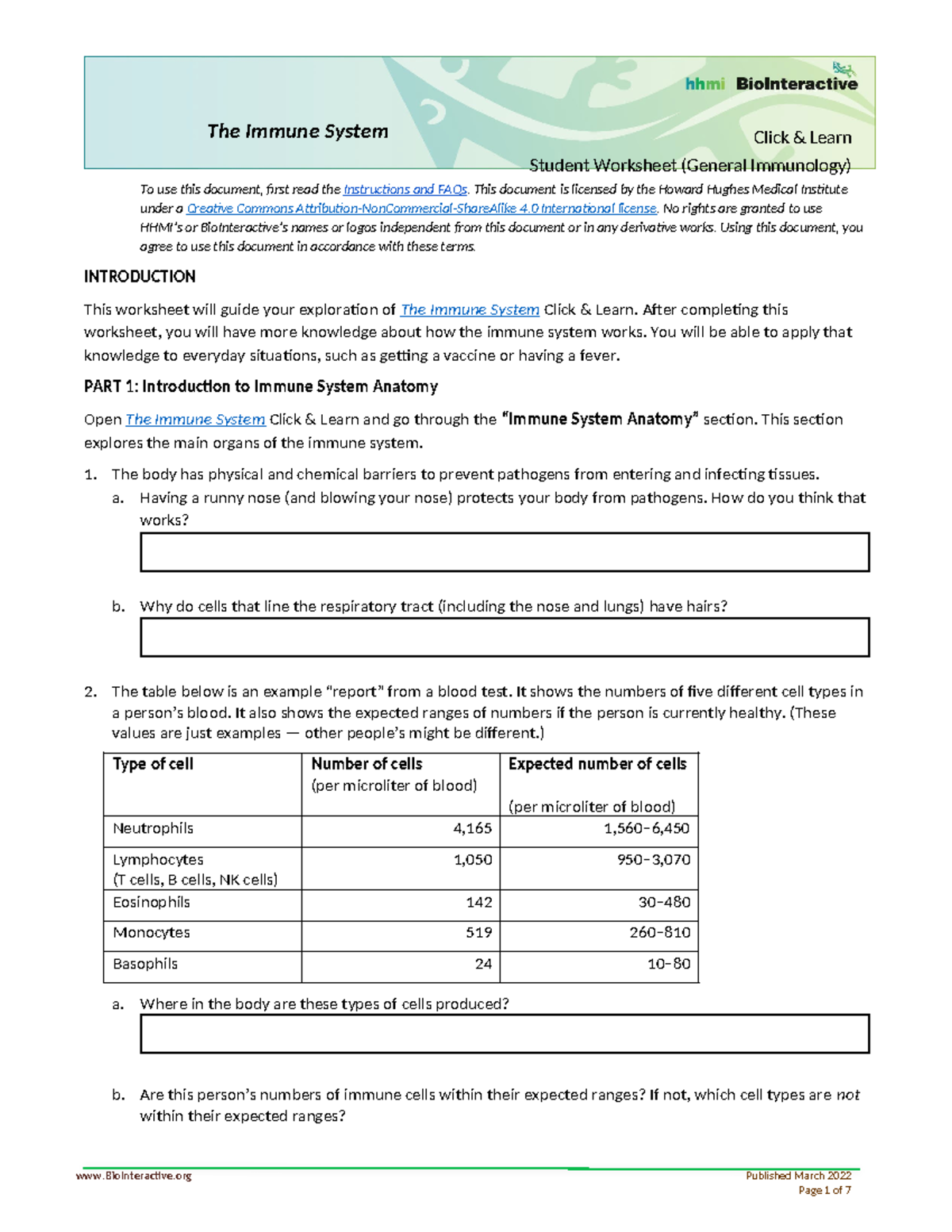 Student Worksheet General Immunology To use this document, first read the Instructions and
