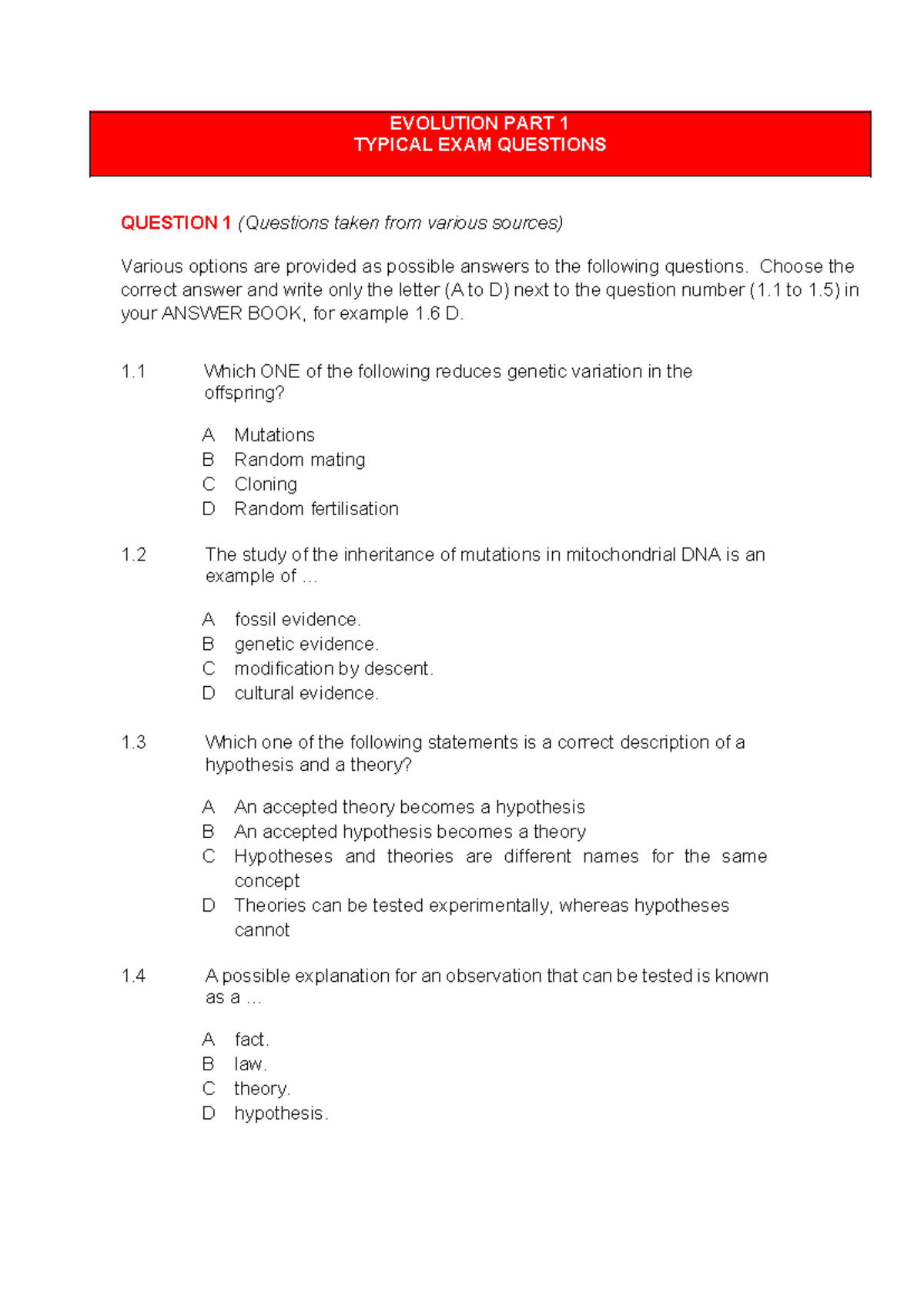 Evolution PART A - EVOLUTION PART 1 TYPICAL EXAM QUESTIONS QUESTION 1 ...