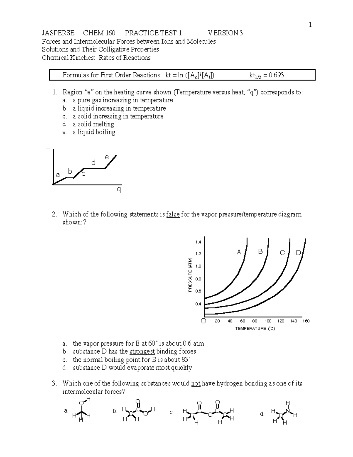 Chem 105 Test 1 - Chem 105 LA 1 - JASPERSE CHEM 160 PRACTICE TEST 1 ...