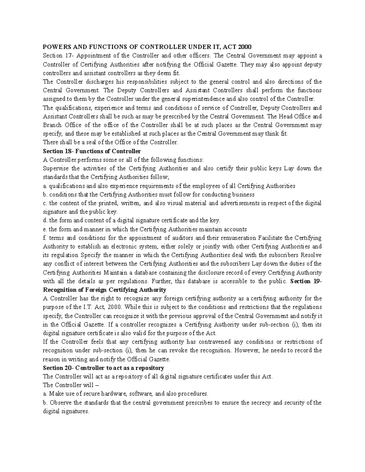 Powers AND Functions OF Controller Under IT, ACT 2000 POWERS AND