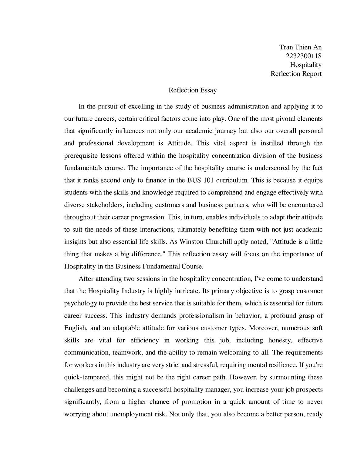 reflection essay on hospitality industry