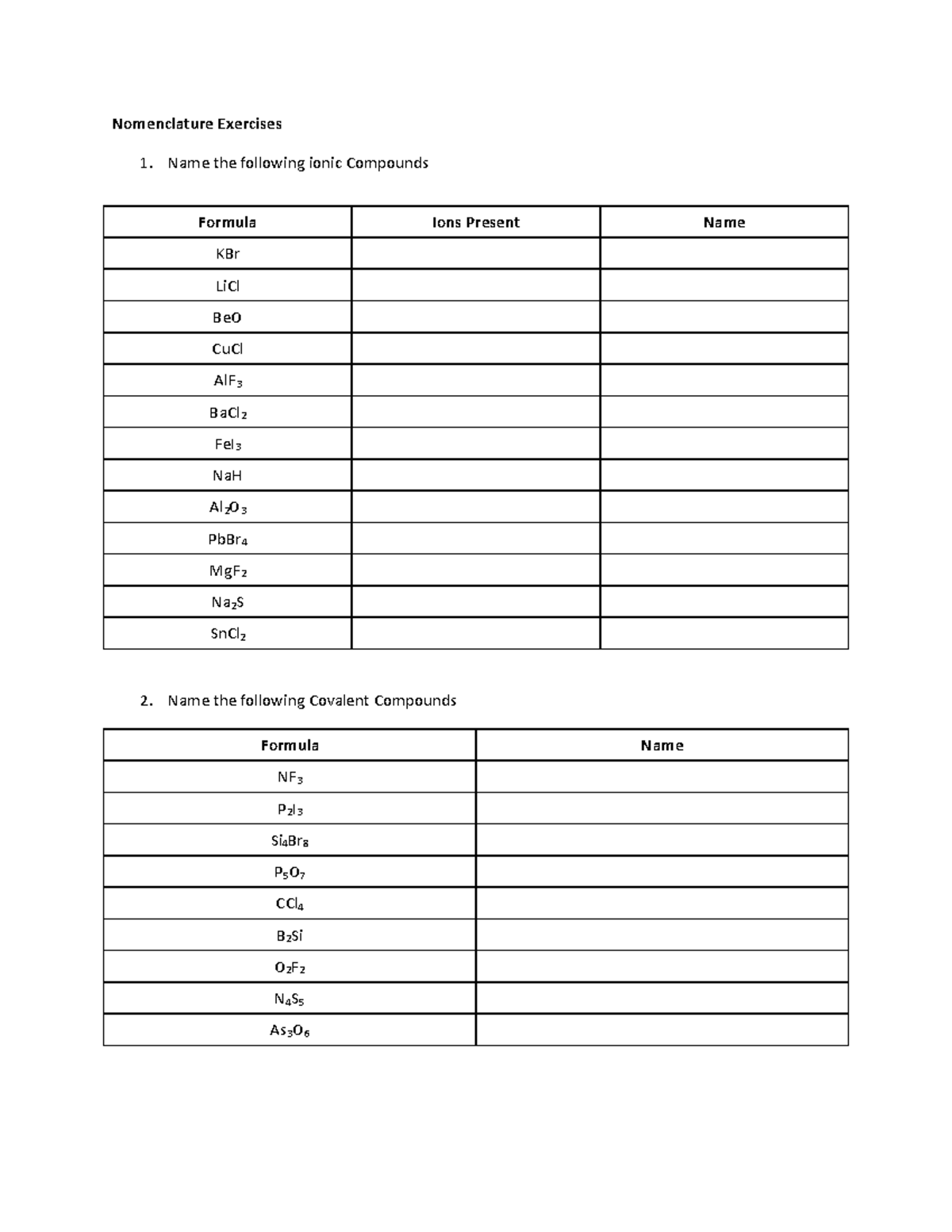 Nomenclature Exercises - Name The Following Ionic Compounds Name The 