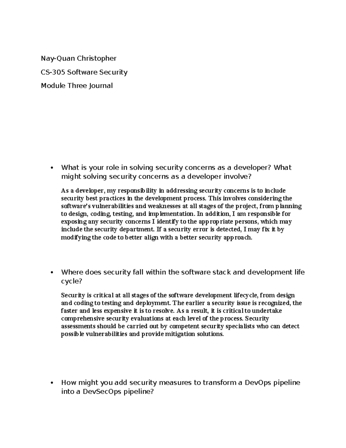 Module 3 Journal 2024 - homework - Nay-Quan Christopher CS-305 Software ...