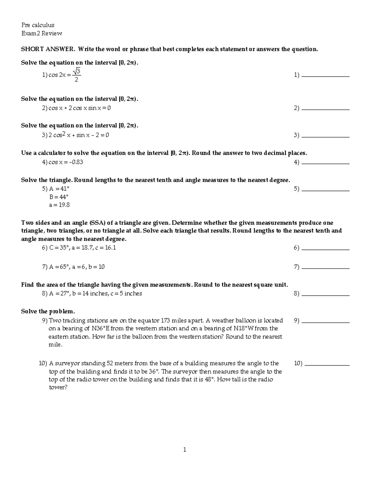 2412 exam2 reviewsec 5 - Pre calculus Exam2 Review SHORT ANSWER. Write ...