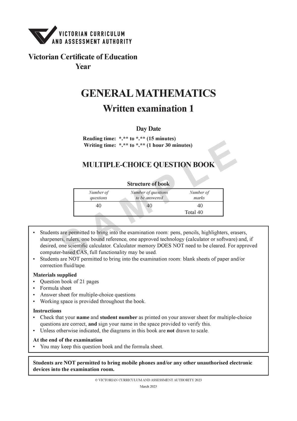 2023 VCAA end of year exam 1 S A M P L E GENERAL MATHEMATICS Written