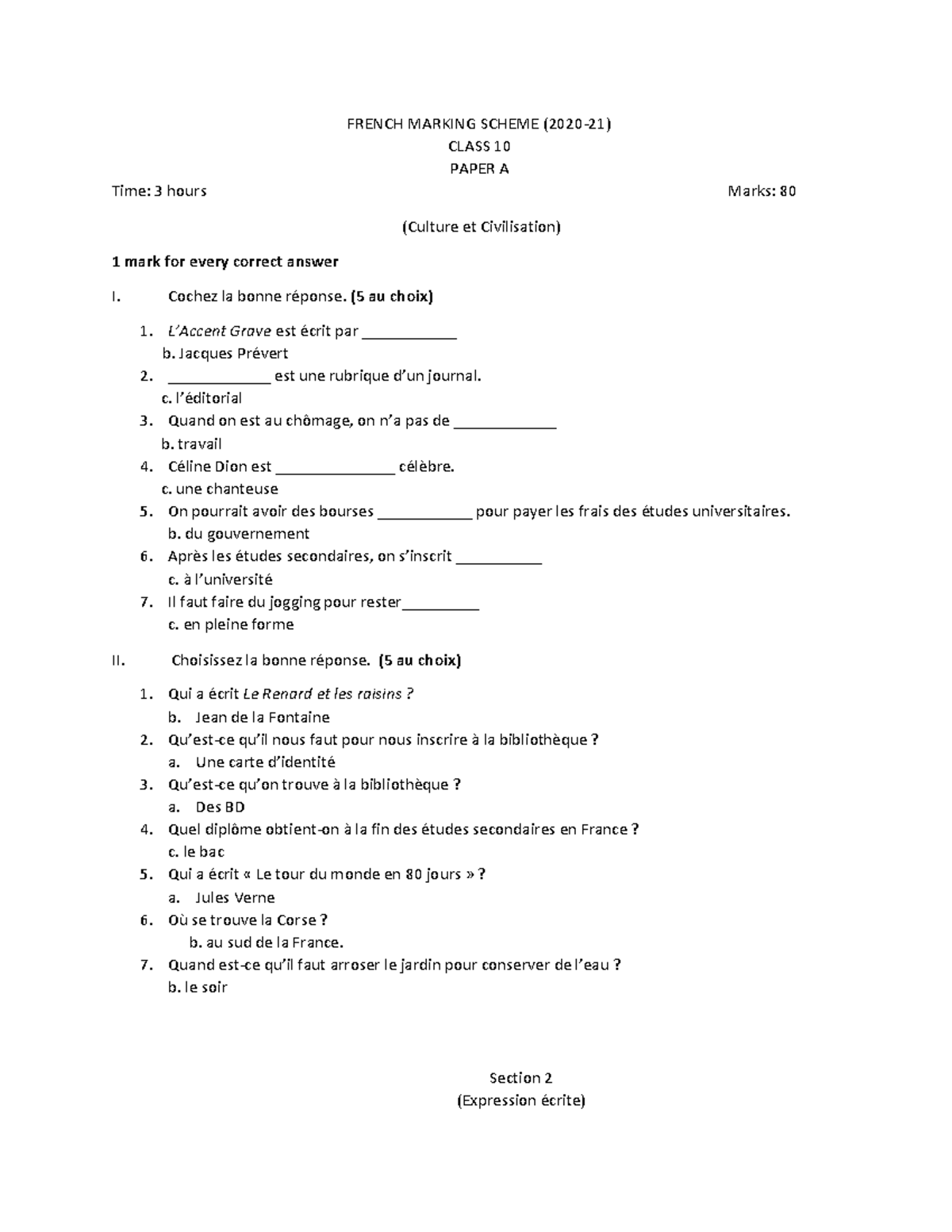 FrenchMS Can be used for reference purposes only.. FRENCH MARKING SCHEME (202021) CLASS 10