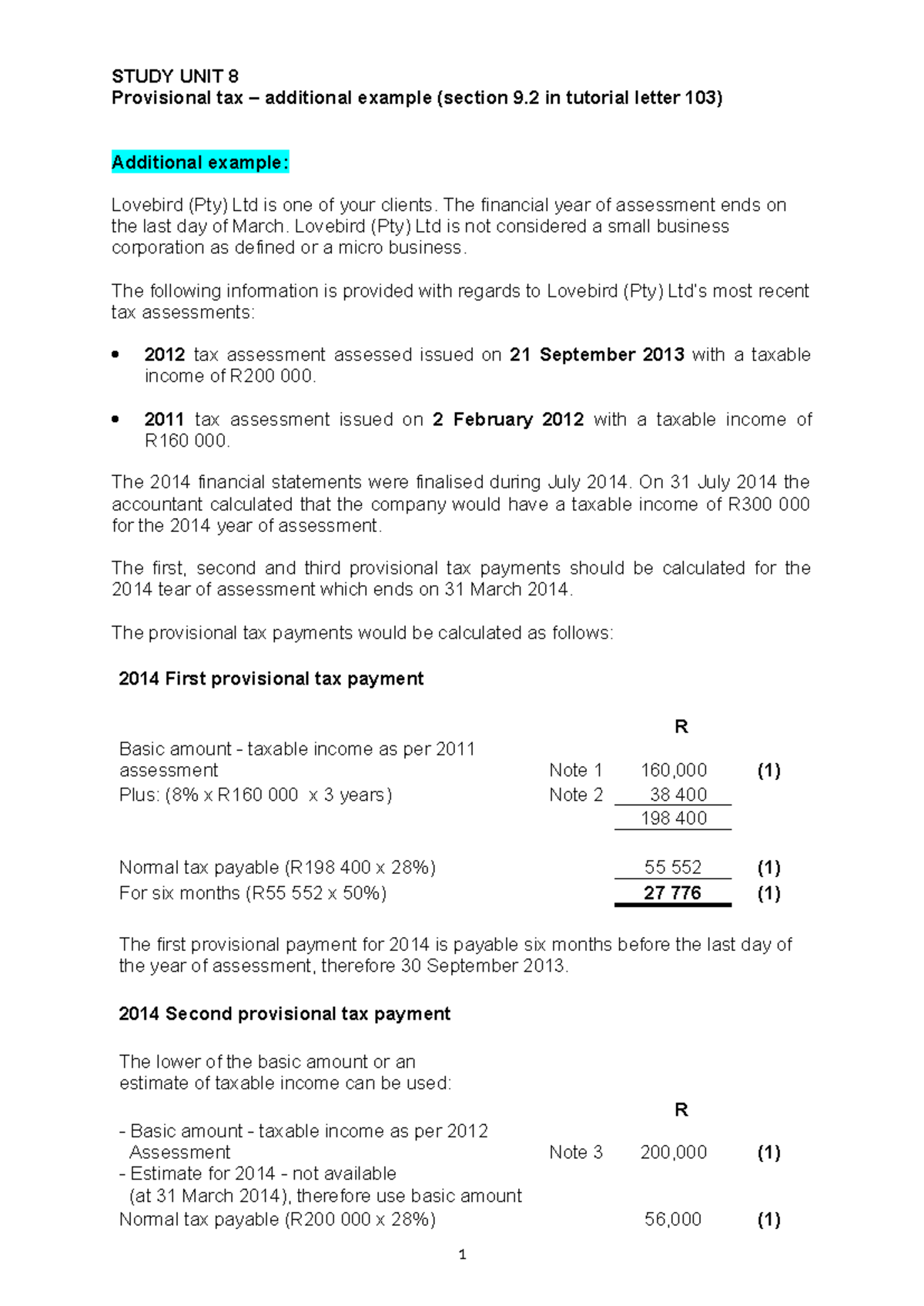 TAX3701- Additional 2 Bprovisional 2BTAX2 Bexamples 2B2014 - STUDY UNIT ...