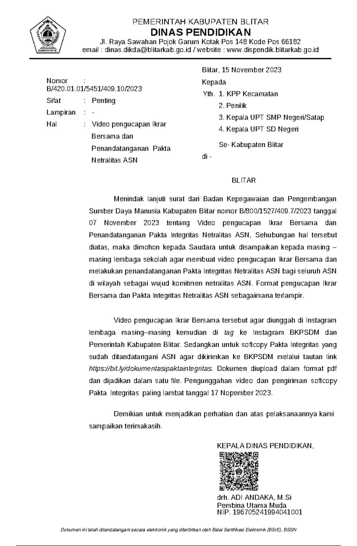 Surat Edaran netralitas asn - PEMERINTAH KABUPATEN BLITAR DINAS ...