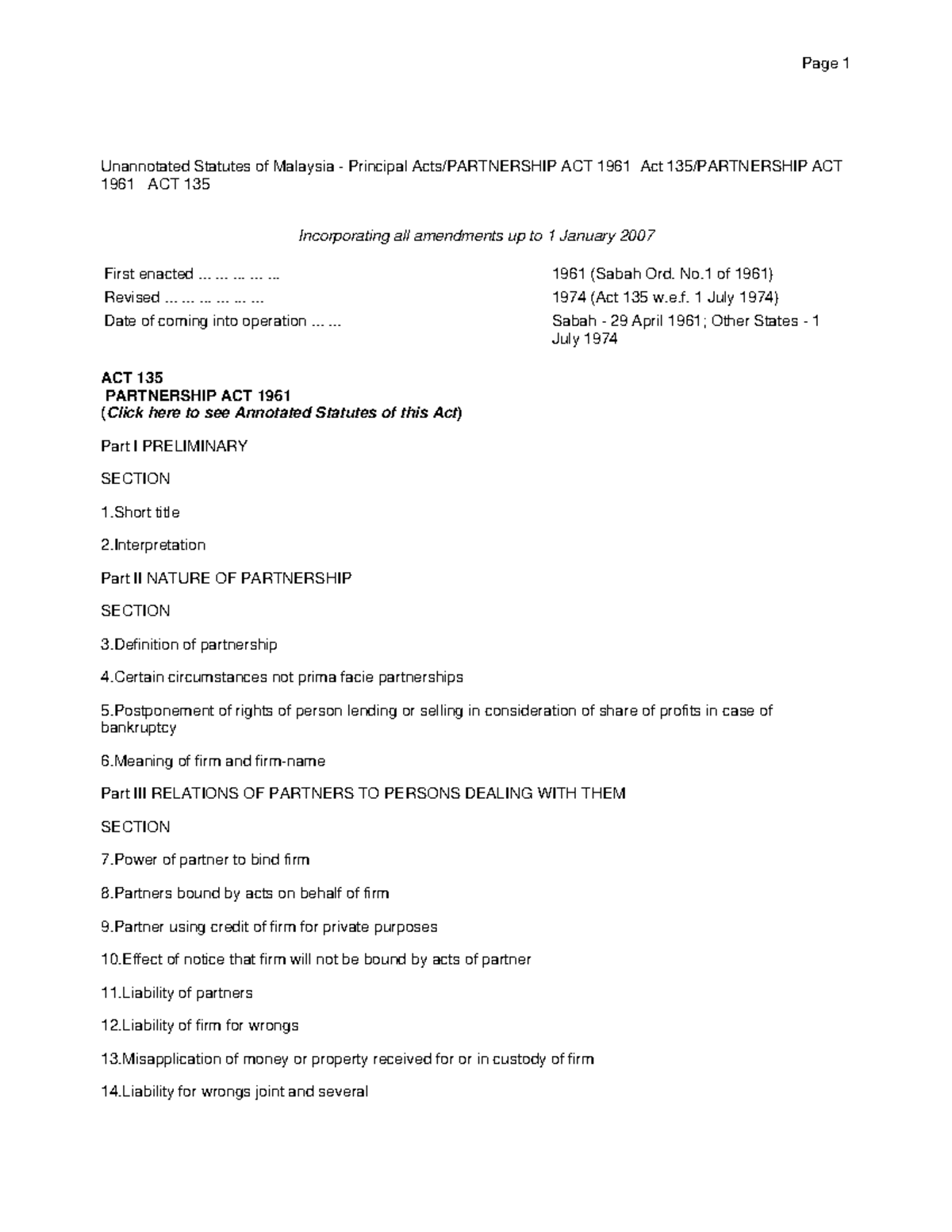 Partnership ACT 1961 ACT 135 Unannotated Statutes of Malaysia