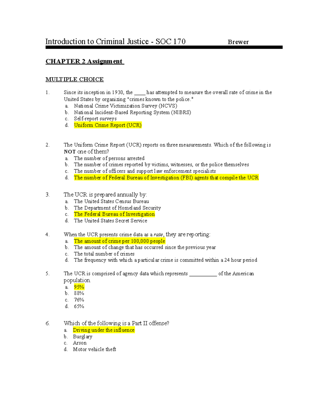 Chapter 2 Assignment - Introduction to Criminal Justice - SOC 170 ...