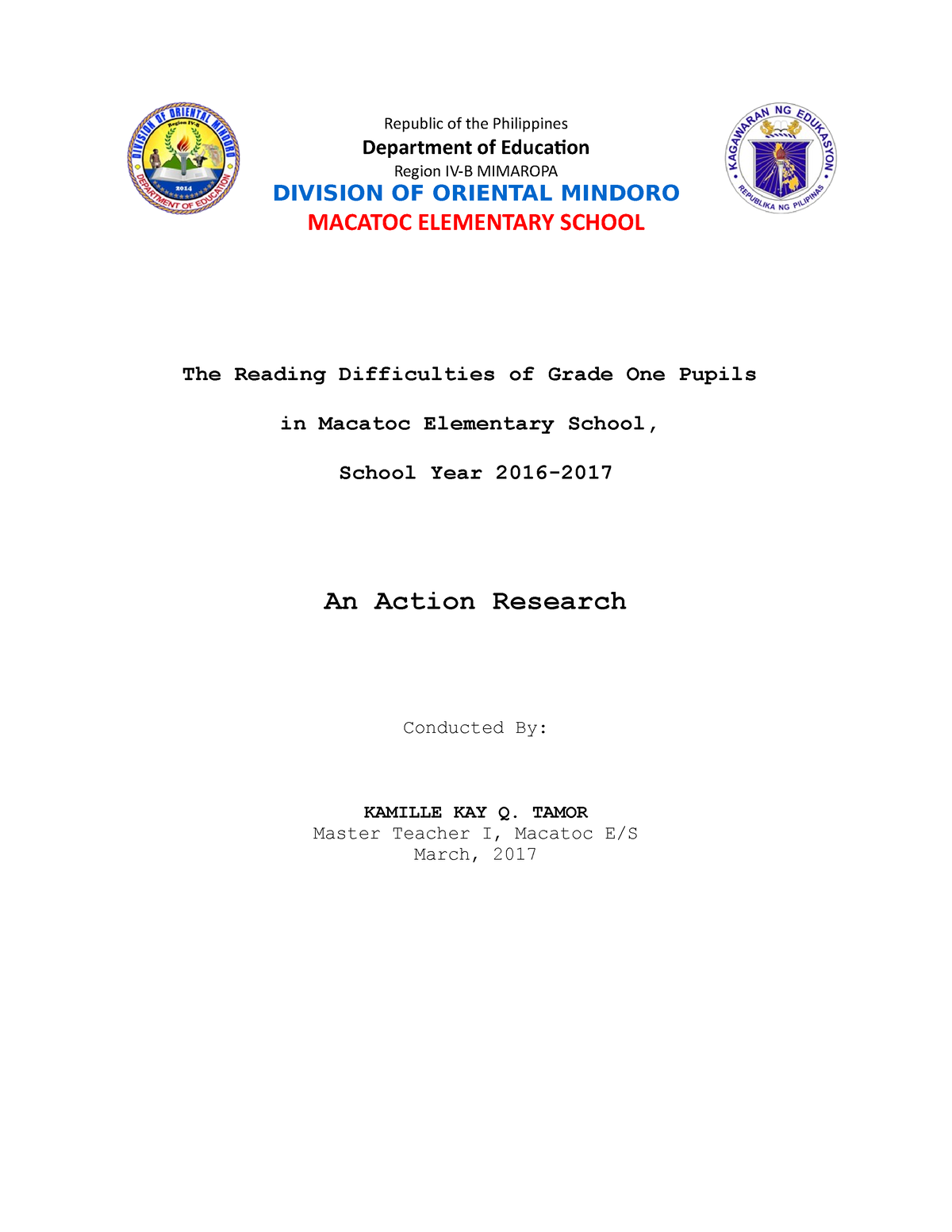 Actionresearchinreading - Republic Of The Philippines Department Of ...