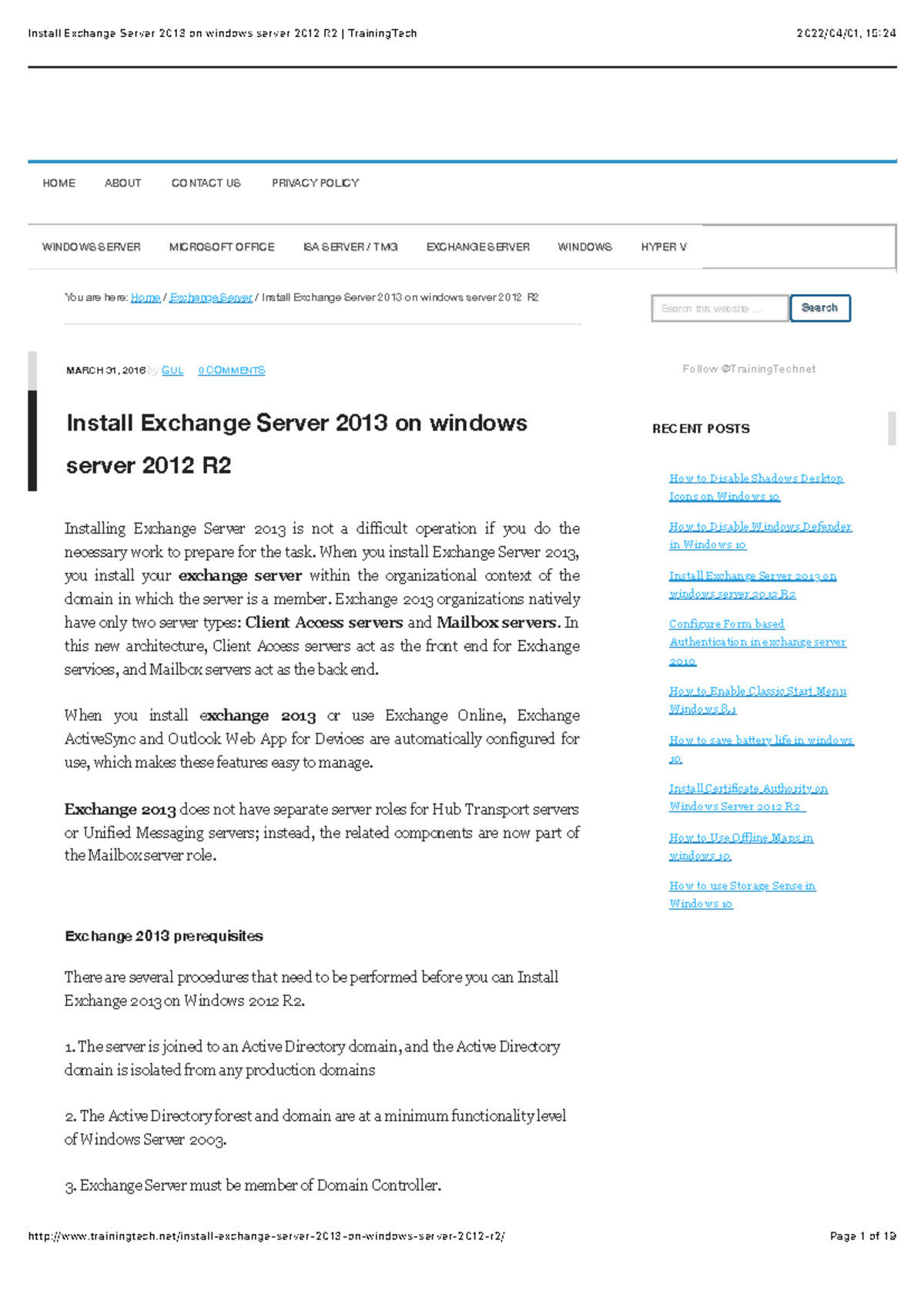 Install Exchange Server 2013 on windows server 2012 R2 Training Tech ...