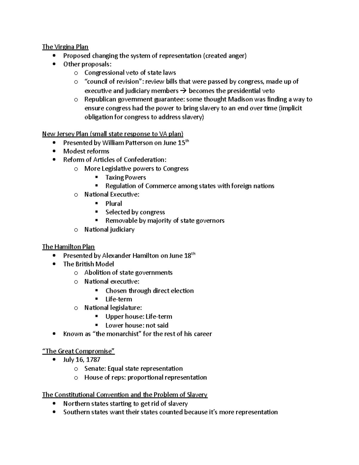 VA Plan, NJ Plan, Hamilton Plan, Const. Convention Lecture Notes The