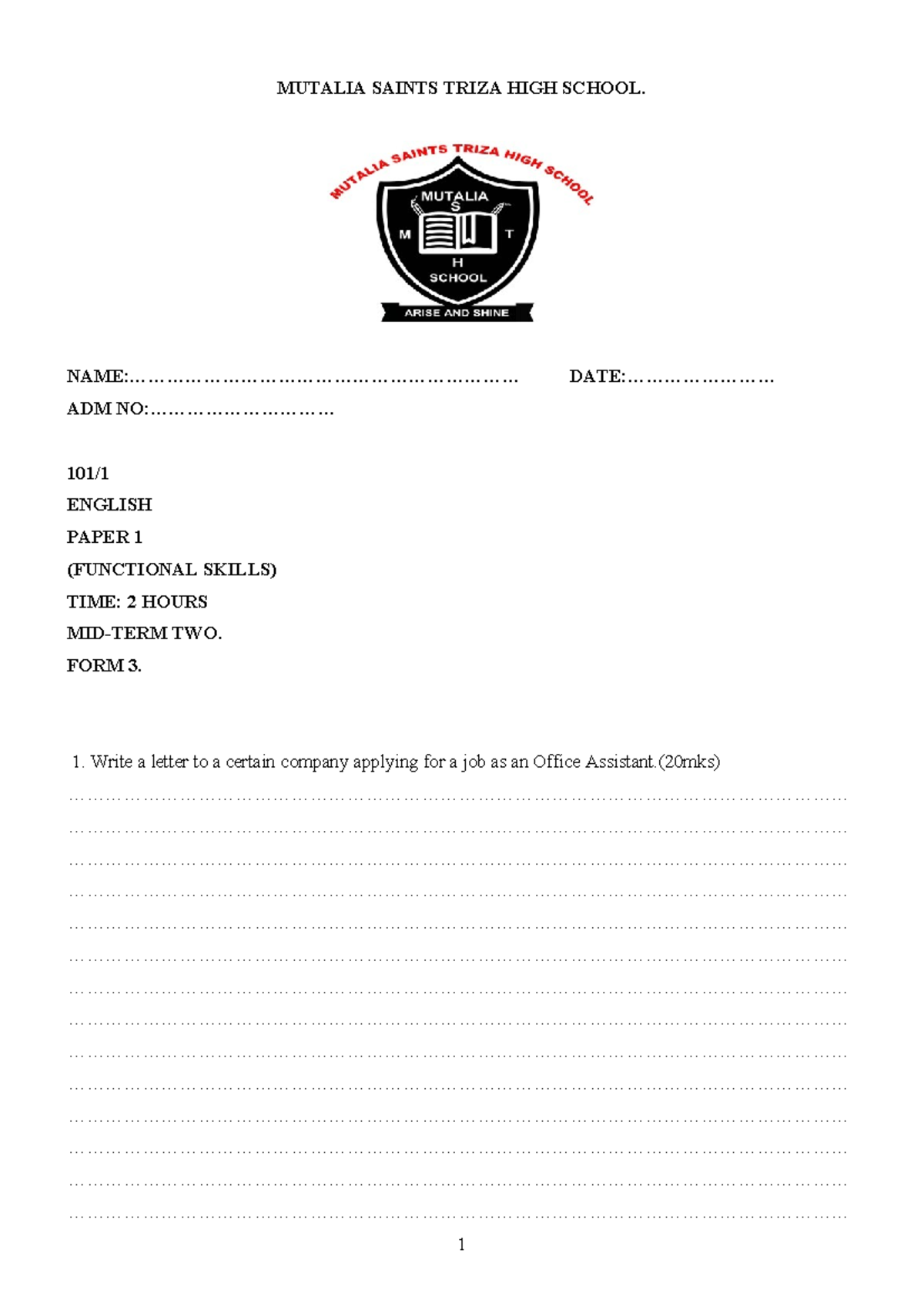 English-P1-FORM 3 MID-TERM2 2024 - MUTALIA SAINTS TRIZA HIGH SCHOOL ...
