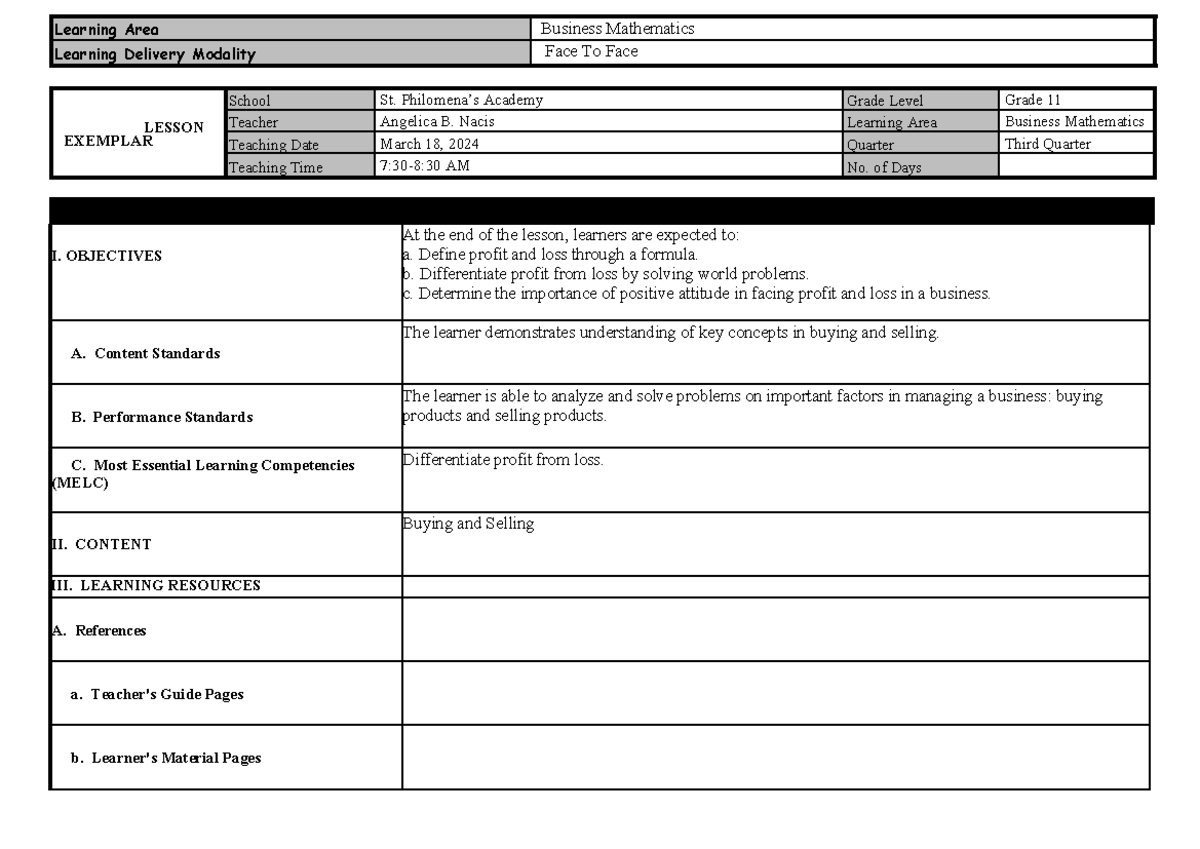 Lesson Exemplar - Learning Area Business Mathematics Learning Delivery ...