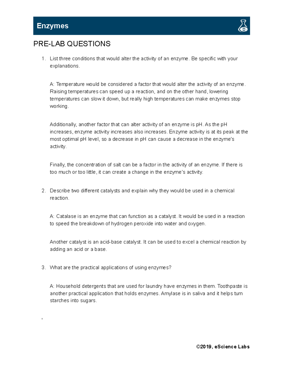 IB 1201 L05 Enzymes Enzyme assignment, prelab and post lab PRELAB