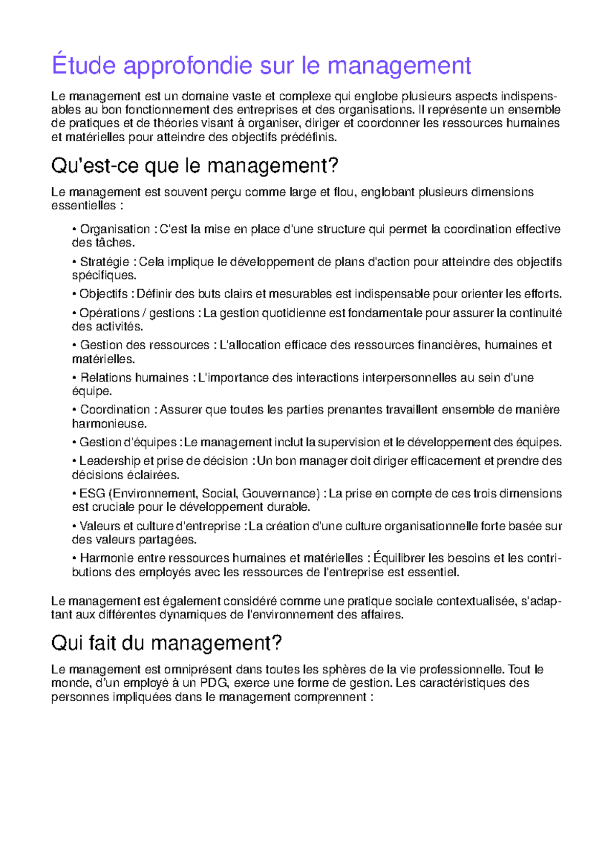 Resume note - Résumé des notes en management - Étude approfondie sur le ...