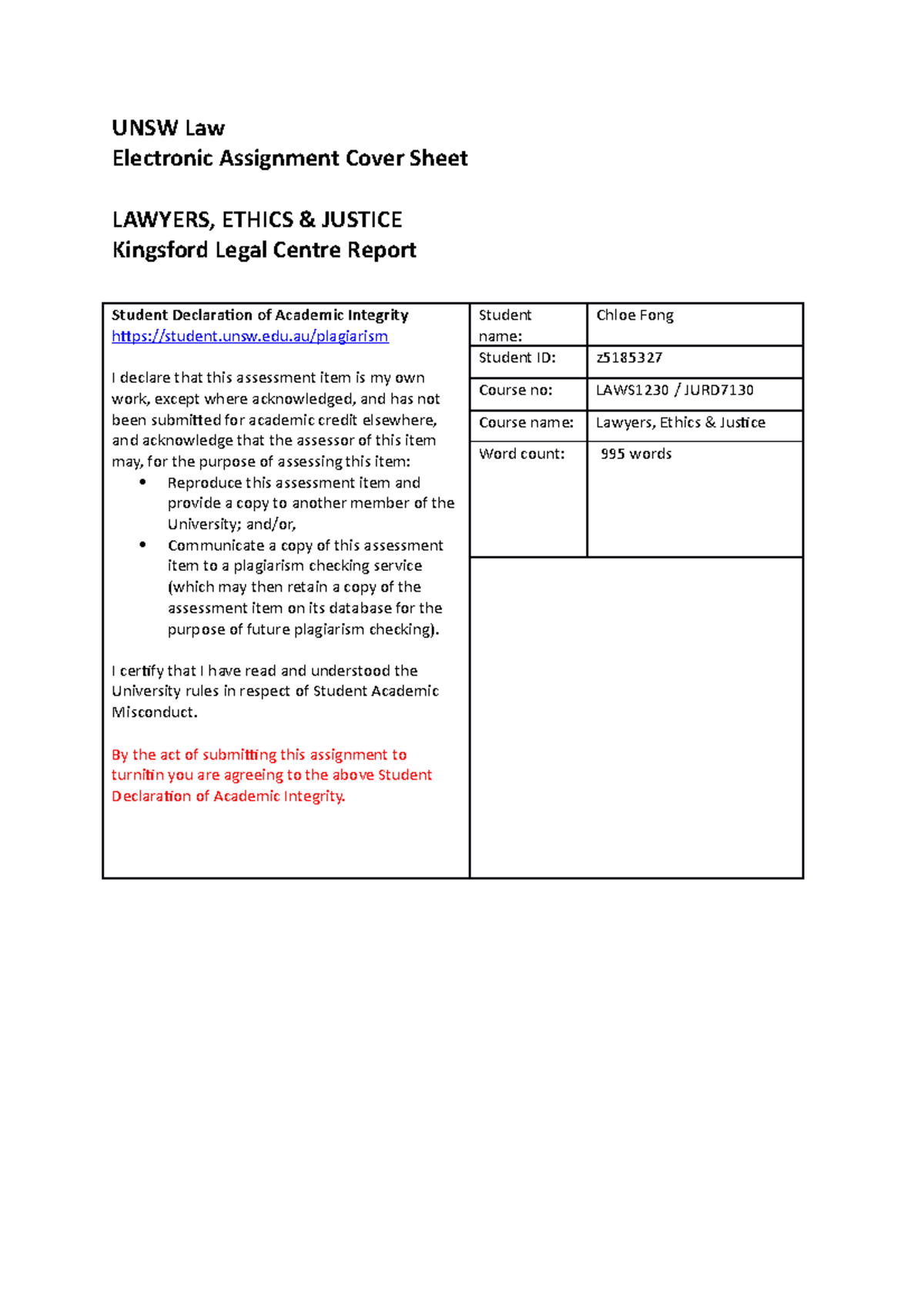 unsw law assignment cover sheet