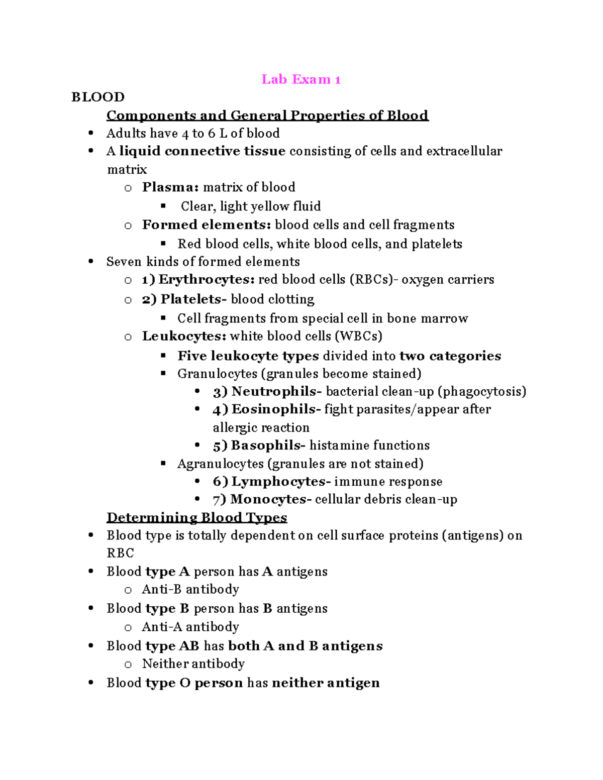 Lab Exam 1 NOTES FROM LAB Lab Exam 1 BLOOD Components and General