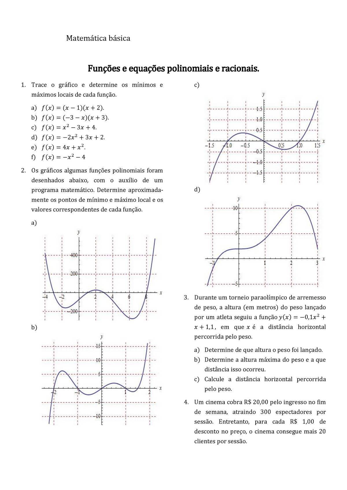 Exercícios Funções E Equações Polinomiais E Racionais Parte 1