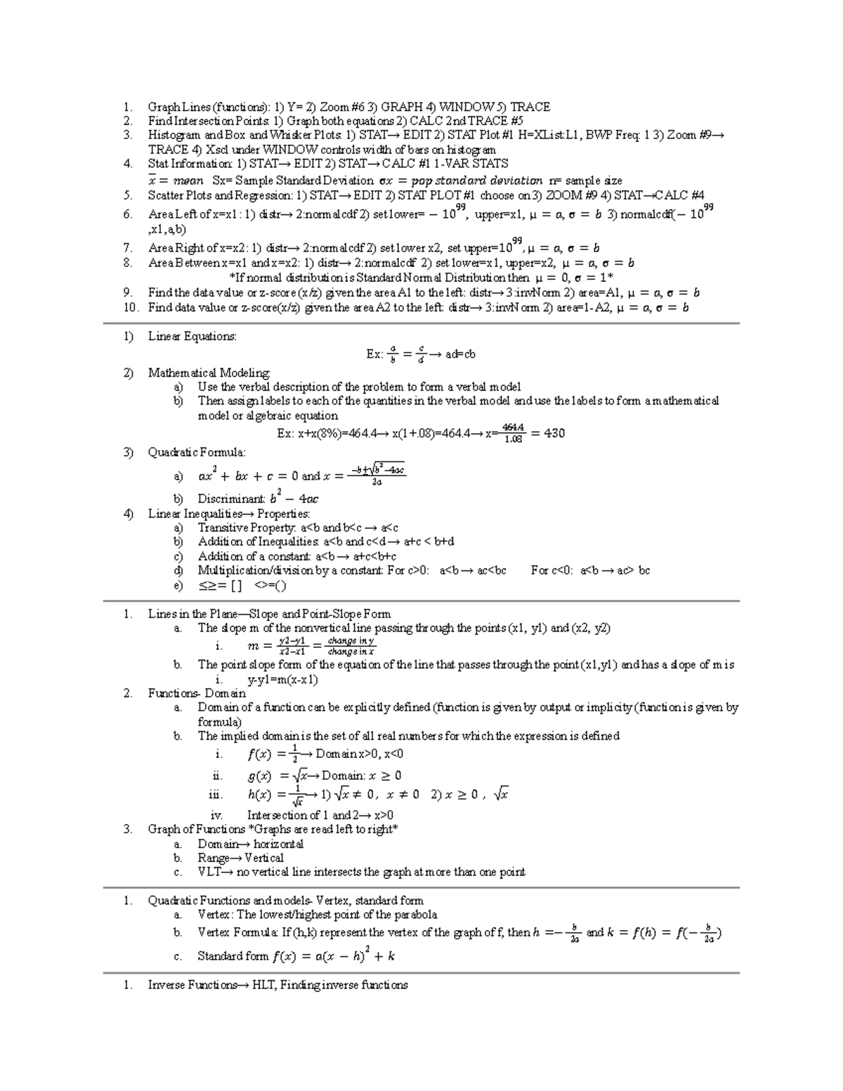 Math 114 Notes - Graph Lines (functions): 1) Y= 2) Zoom #6 3) Graph 4 