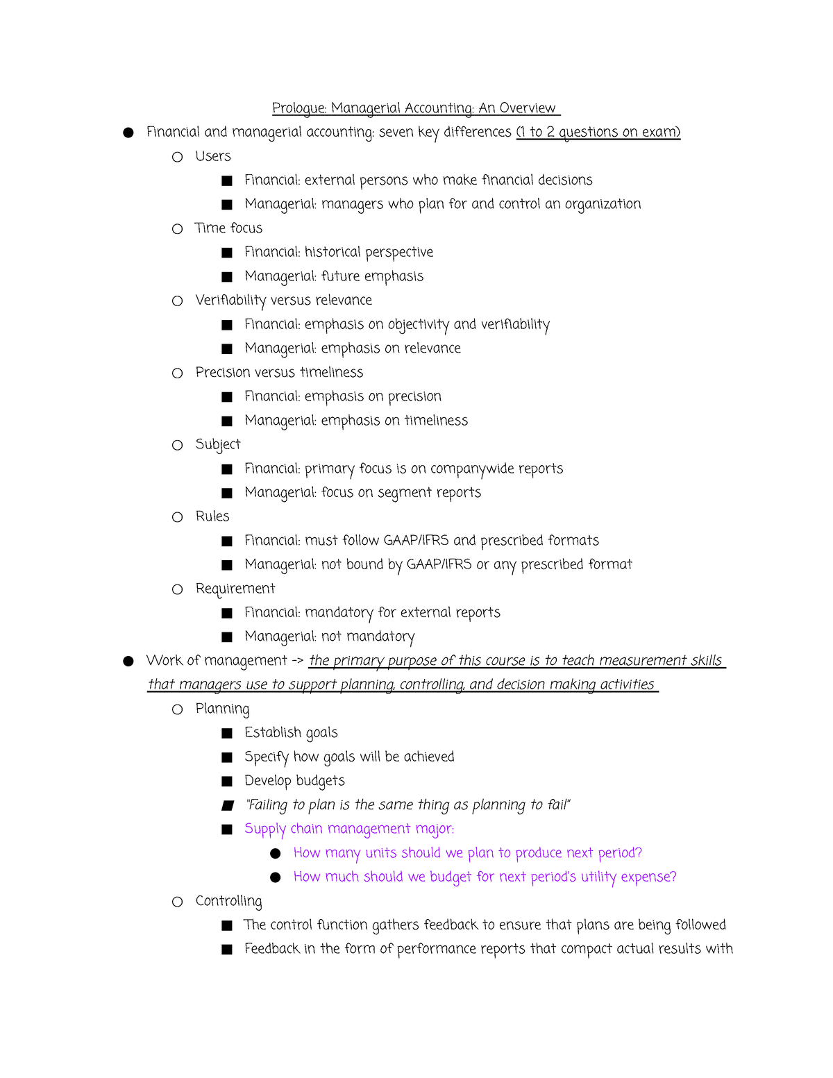 Exam 1 ACCT 2210 Exam 1 Prologue Managerial Accounting An