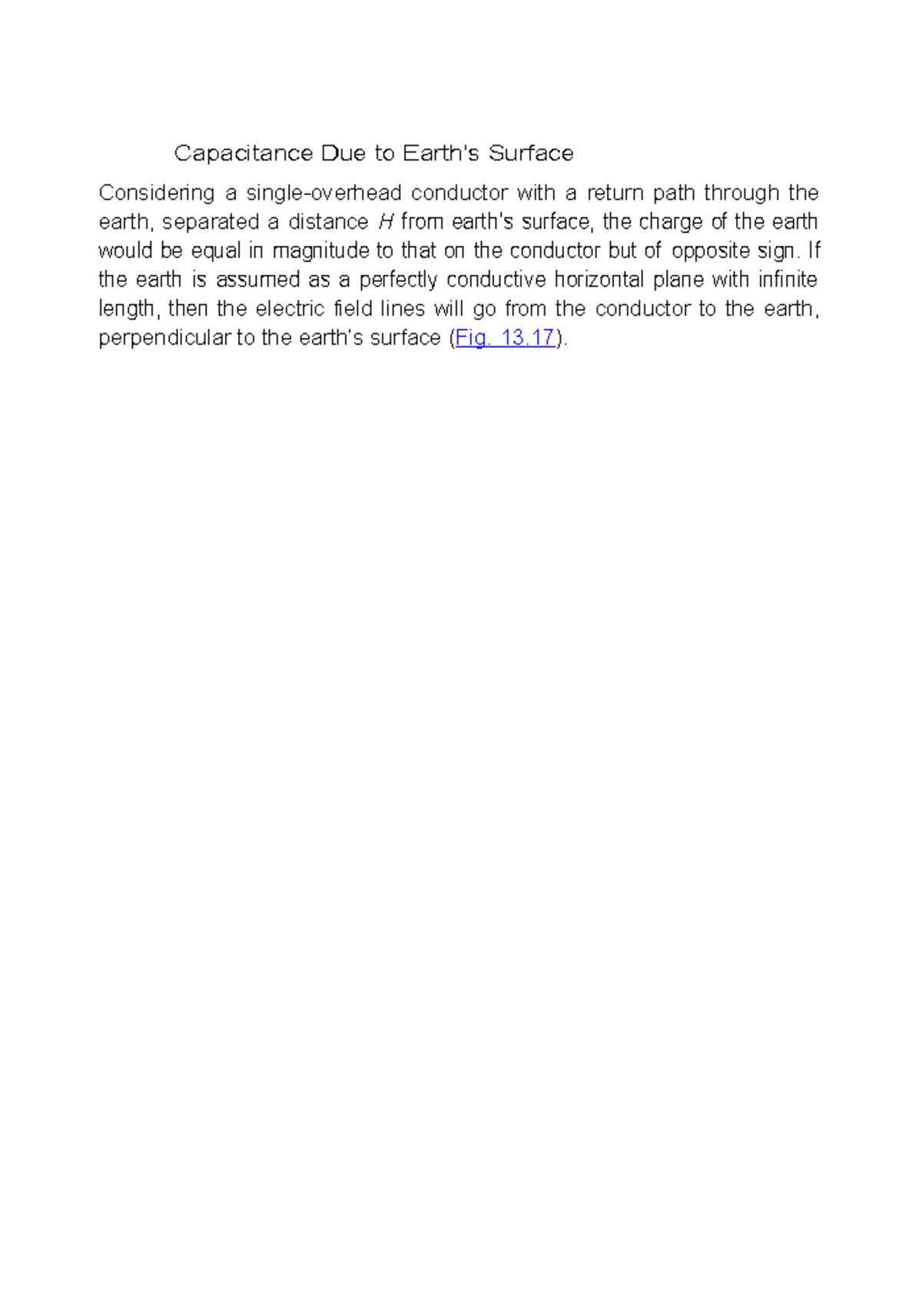 Capacitance Due to Earth - If the earth is assumed as a perfectly ...