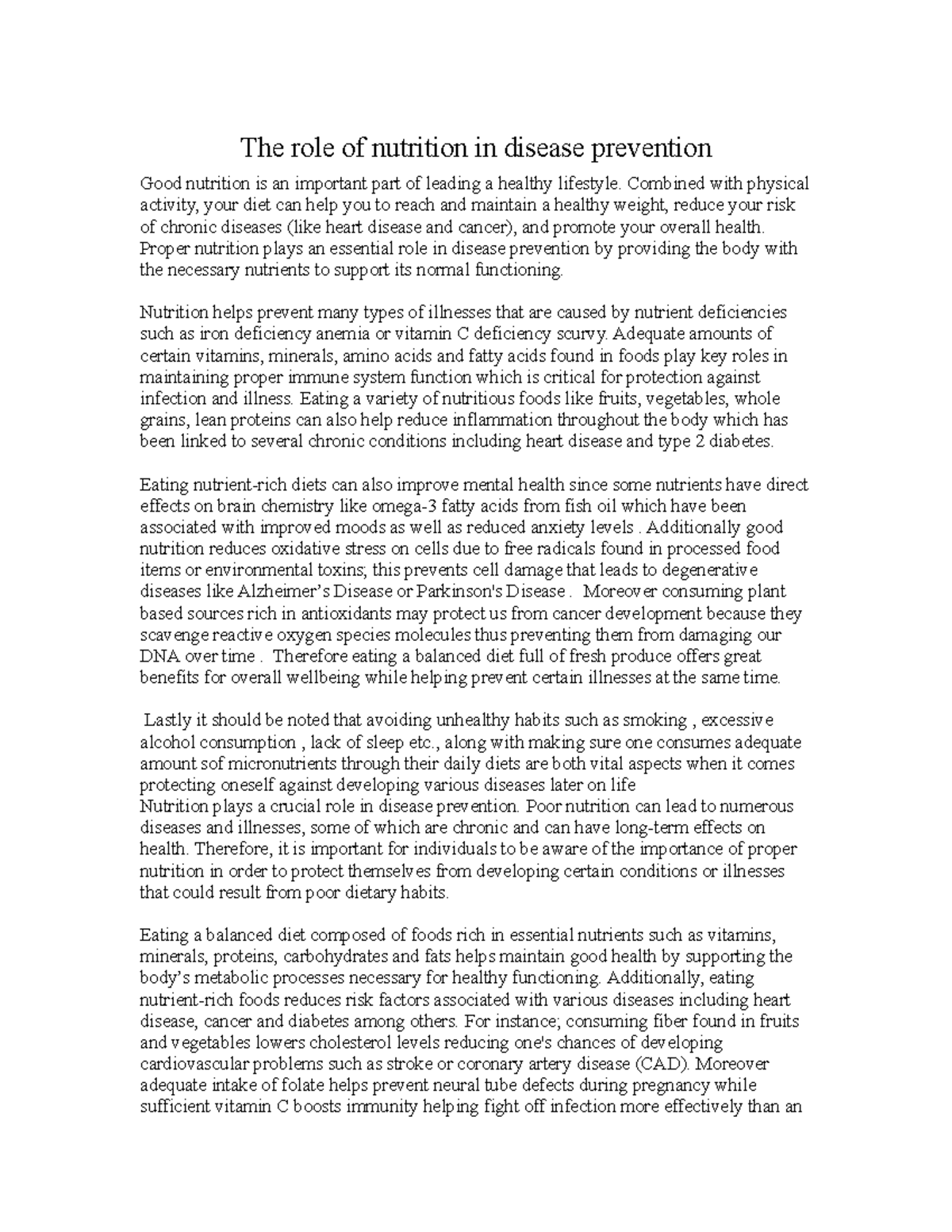fundamentals of nutrition - The role of nutrition in disease prevention ...
