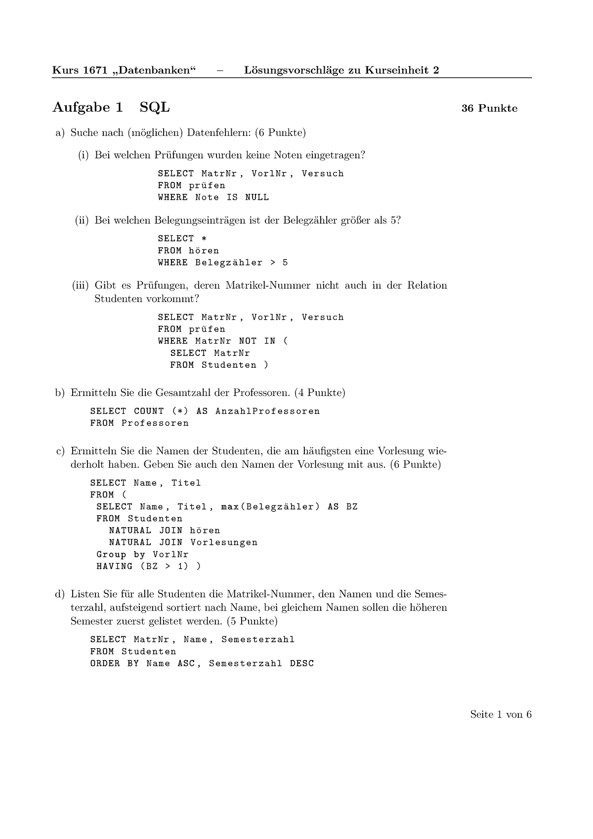 Muster 2 - Aufgabe 1 SQL 36 Punkte A) Suche Nach (möglichen ...