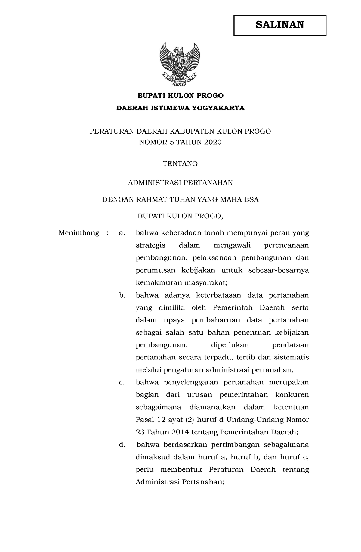 Perda Kab. Kulon Progo No 5 Tahun 2020 Ttg Administrasi Pertanahan ...